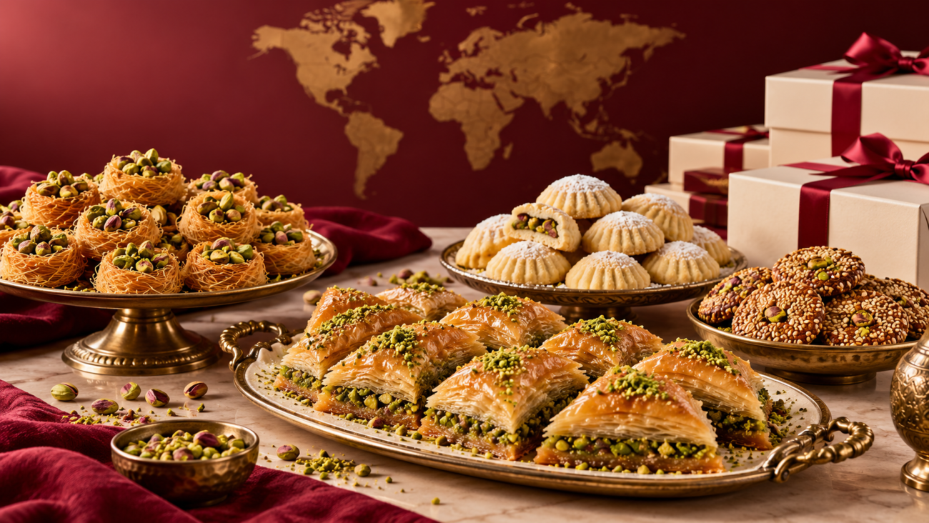 Baklava, maamoul and Arabic sweets with gift boxes and a world map backdrop