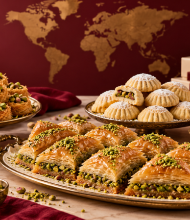 Baklava, maamoul and Arabic sweets with gift boxes and a world map backdrop