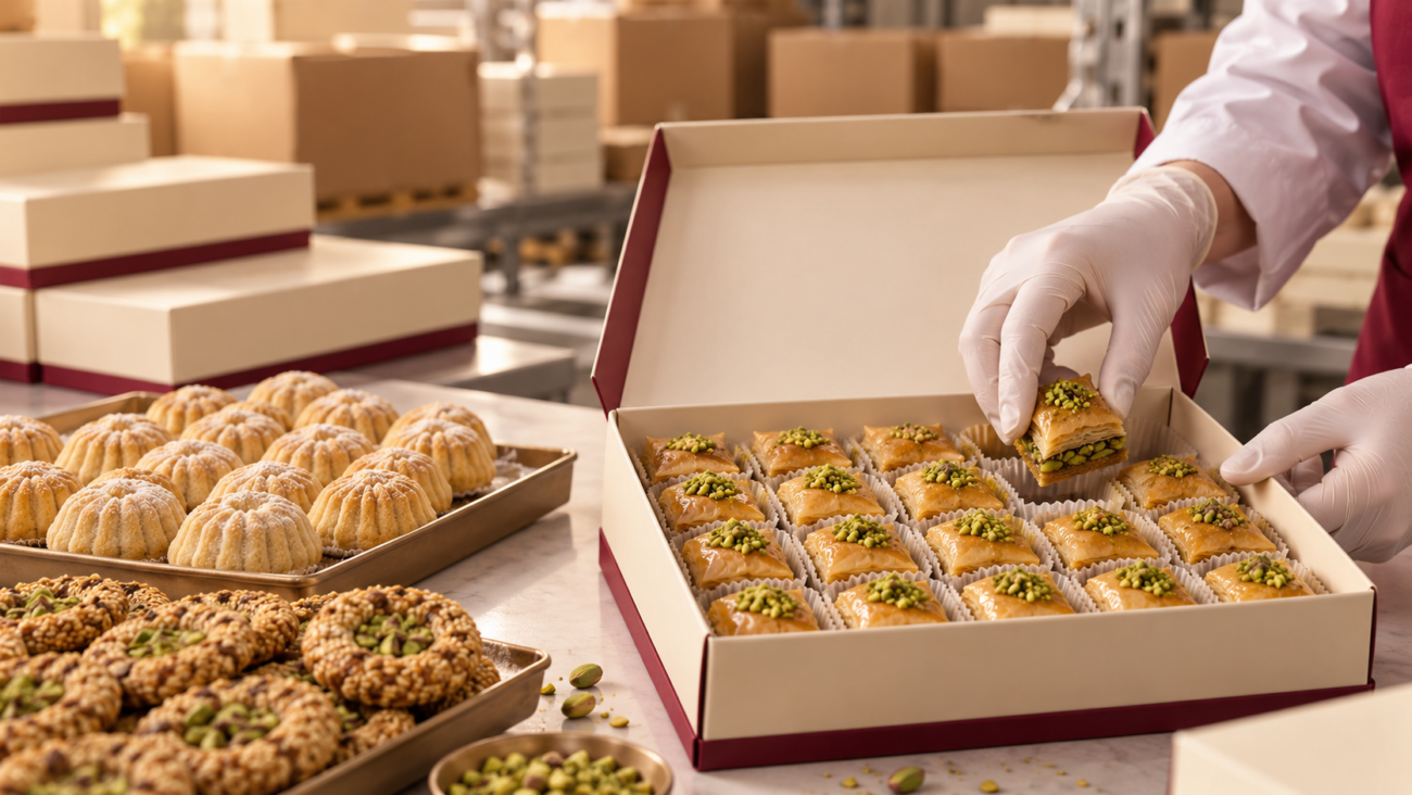 Assorted baklava, maamoul and barazek in cream and burgundy packaging.