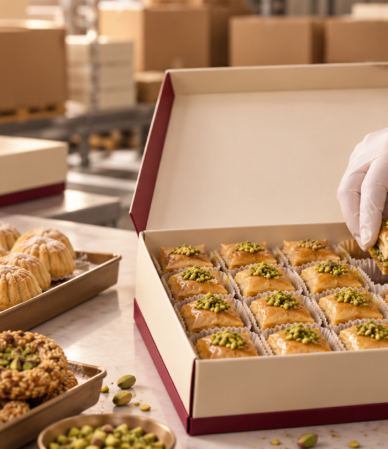 Assorted baklava, maamoul and barazek in cream and burgundy packaging.